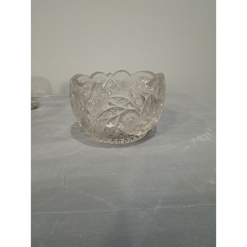 Antique Cut Crystal Bowl w Scalloped Rim Heavy Clear Cut Glass Starburst Pattern